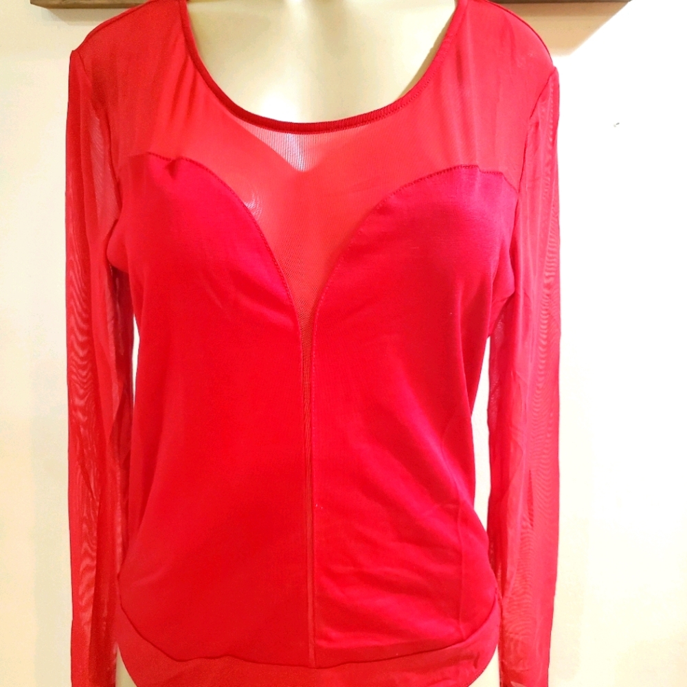 Full Figured Sexy Red Sheer Sleeve Body Suit
